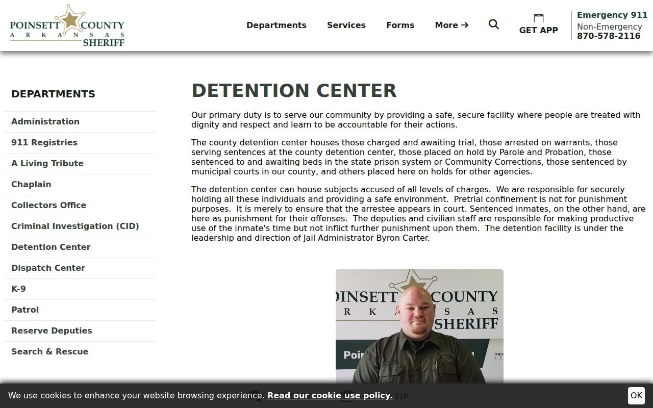 Poinsett County detention page explaining warrant-arrest housing