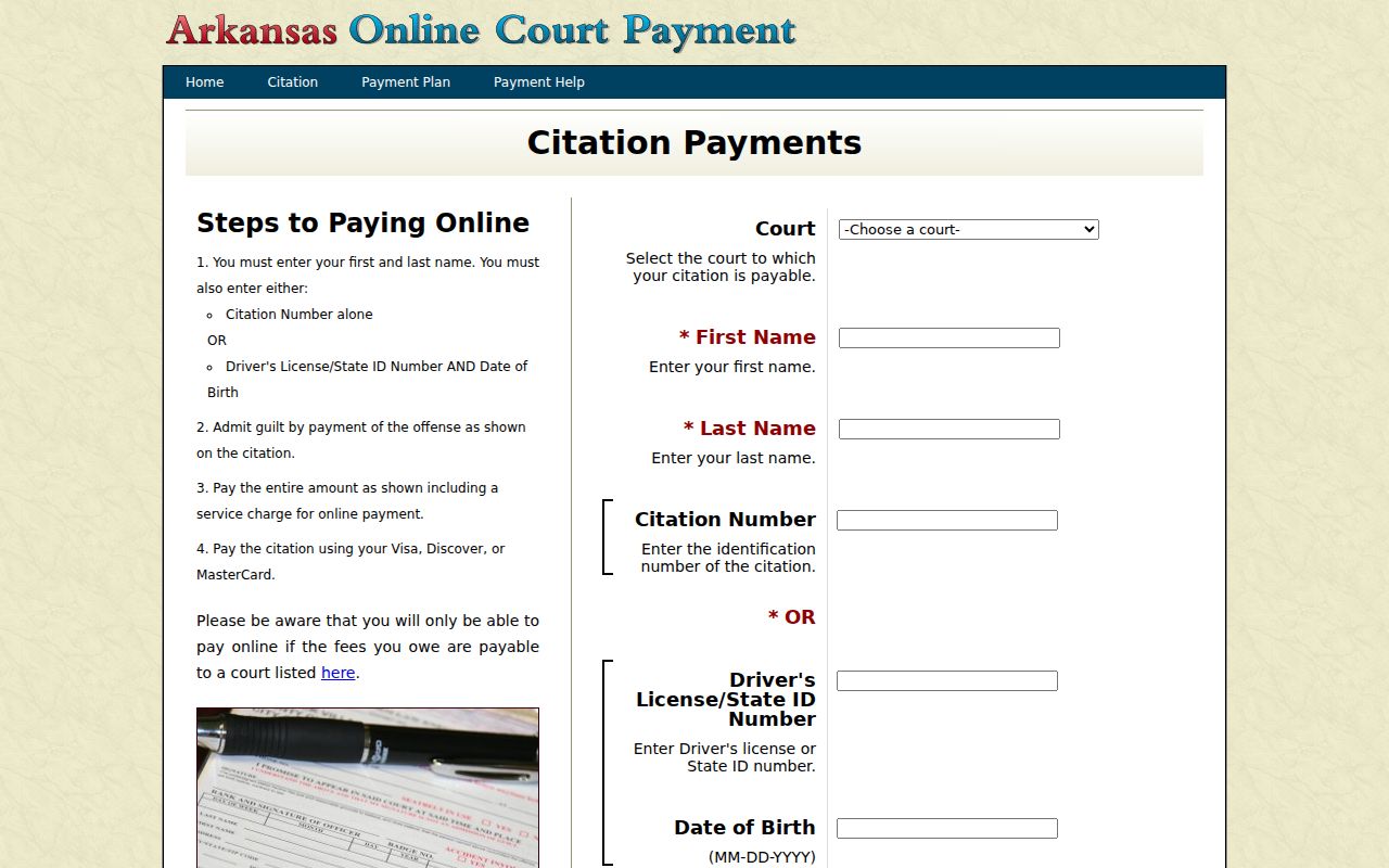 Arkansas citation portal court, name, citation, ID, and date-of-birth fields for Poinsett traffic cases