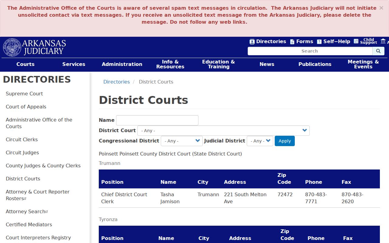 Arkansas Judiciary directory showing Poinsett County District Court departments