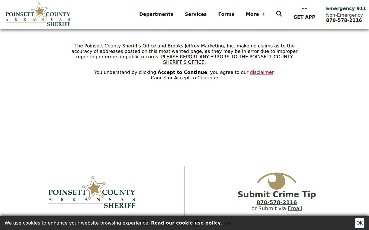 Poinsett County Most Wanted address accuracy and error-reporting disclaimer