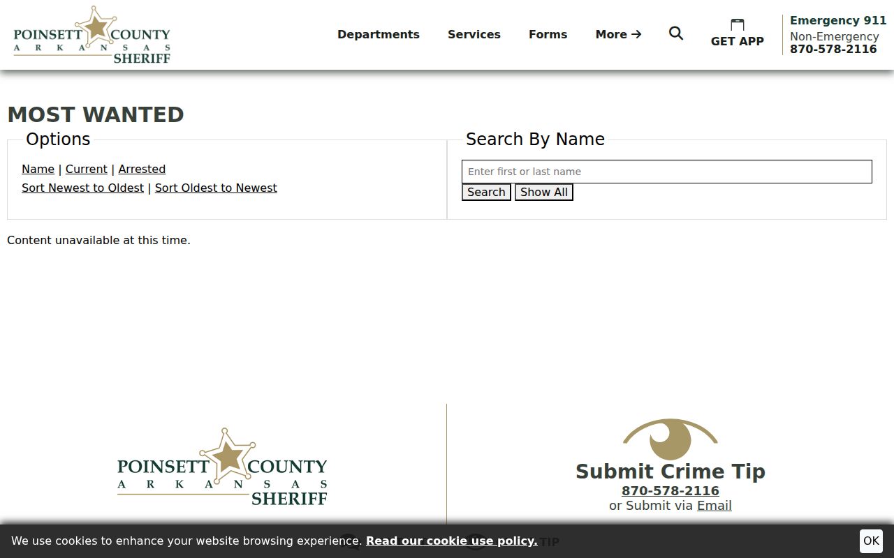 Poinsett County Most Wanted interface tabs with no roster reproduced